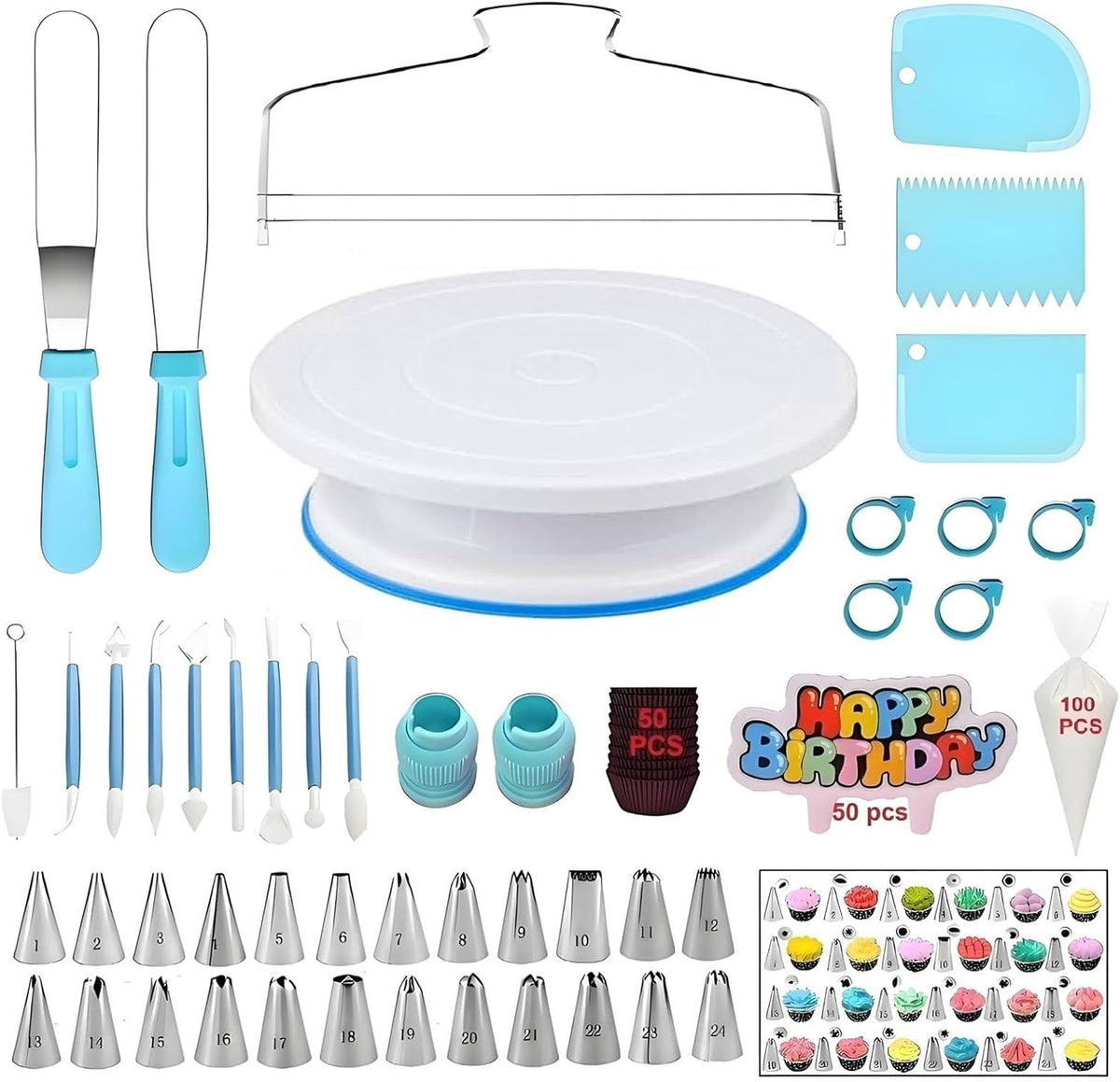248 Pcs Cake Decorating Kit with Cake Turntable,Cake Leveler,24 Numbered Icing Piping Tips,2 Spatulas,3 Comb Scrapers,2 Couplers,5 Bag Ties,100 Pastry Bags,50 Cupcake Liners,50 Cake Flags