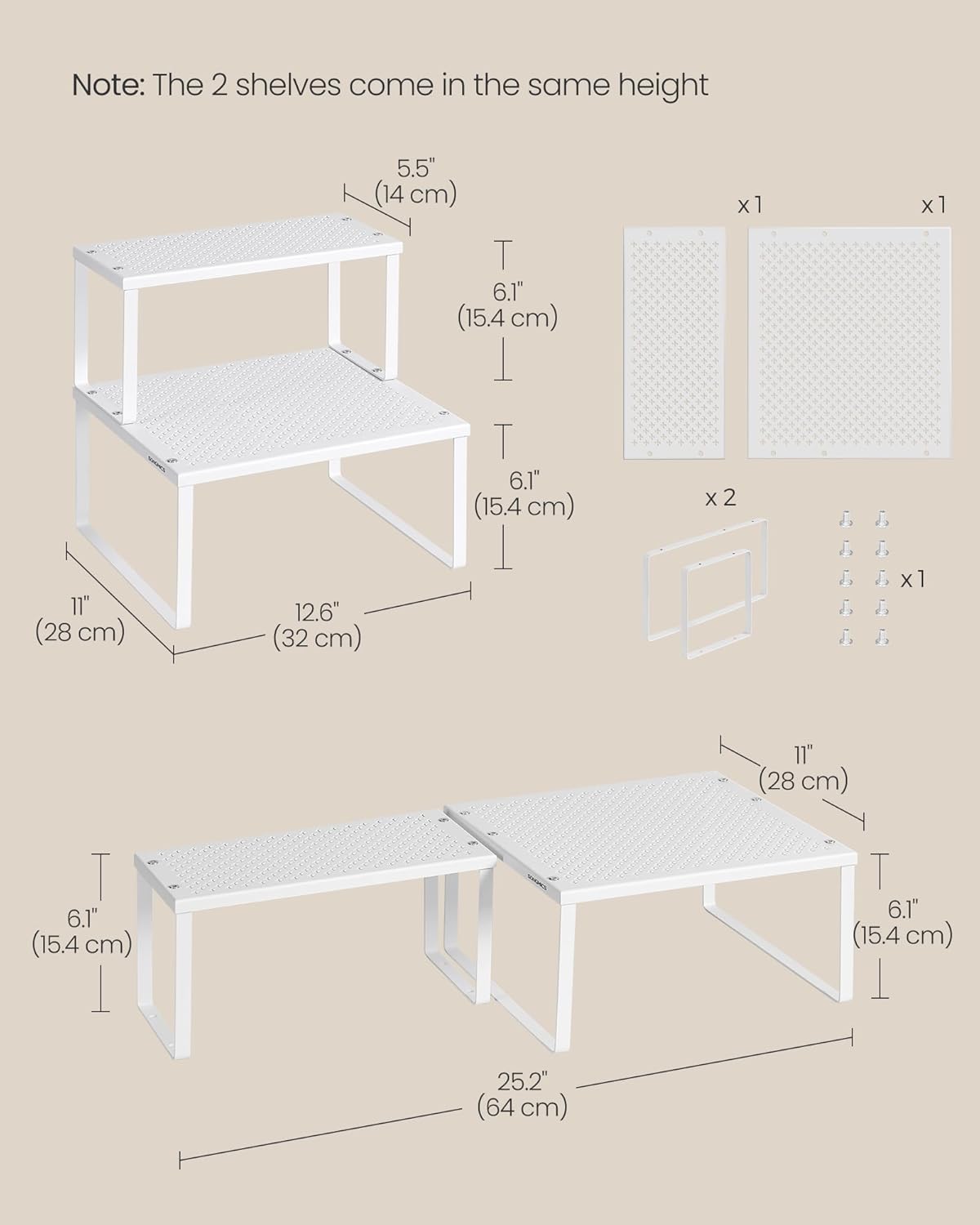 SONGMICS Spice Racks, Set of 2 Metal Cabinet Shelf Organizers, Countertop Organizers, Shelf Risers, Stackable, Expandable, White UKCS005W01