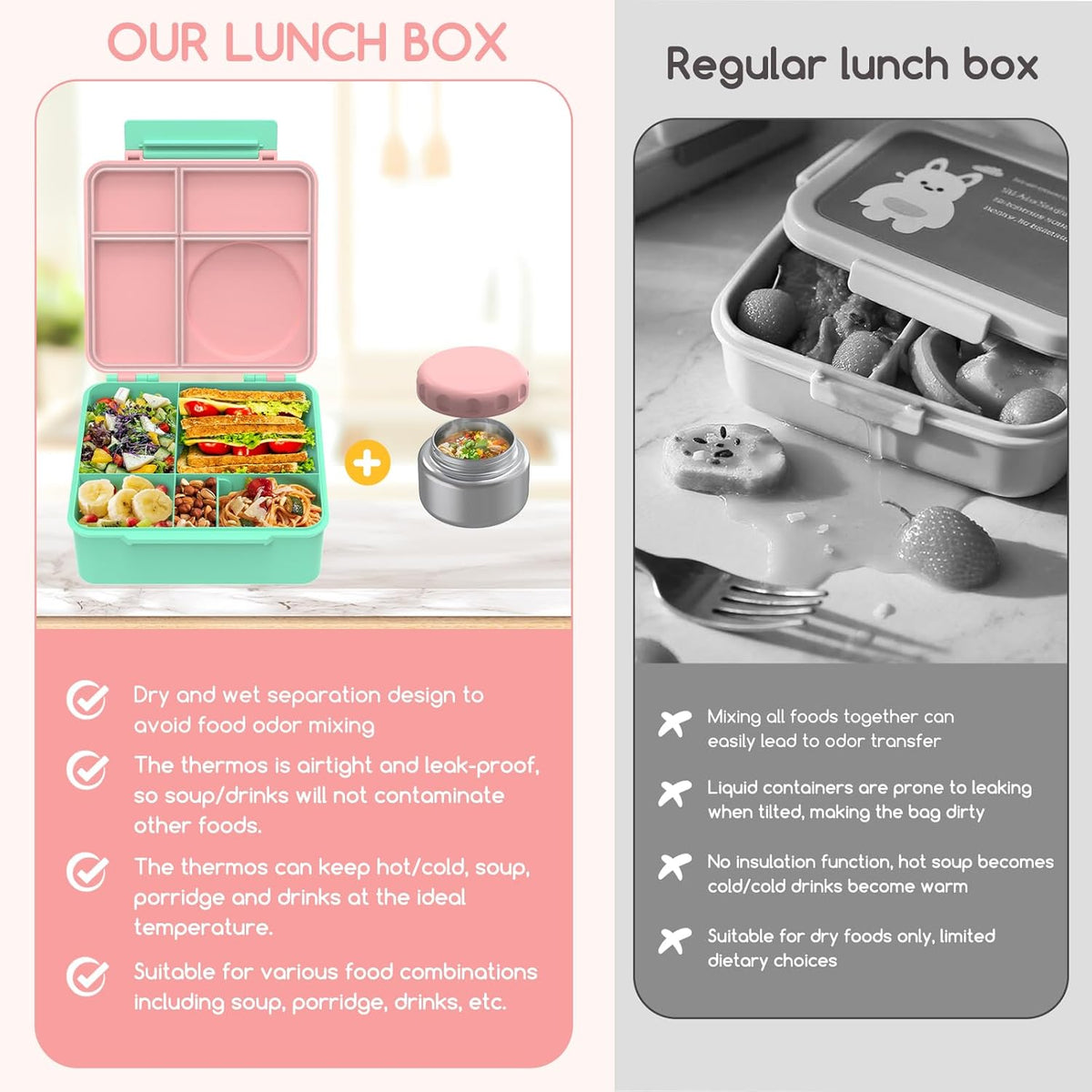 Bento Box for Kids - Leak-Proof Lunch Box with Insulated Thermos Food Jar - 4 Compartments, 1 Removable Divider, 1Spoon, 1 Fork - Dishwasher Safe, BPA-Free (Light pink)