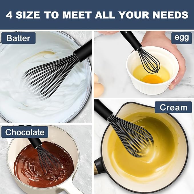 Silicone Whisk,Non Scratch Whisk for Cooking, 5+7+9+11in Balloon Whisks, Suitable for Mixing, Blending Whipping.11in Flat Whisks great for Ceramic Coated pans and Wider shallower pots.