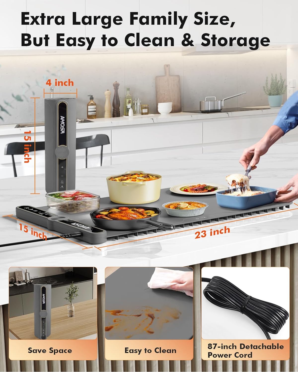 Warming Mat for Food, Fast Heating Electric Food Warmers with 9 Level Temperature and 6 Hours Timer, Large Roll Up Silicone Food Heating Mat, Portable Warming Trays for Buffets Party (Grey)