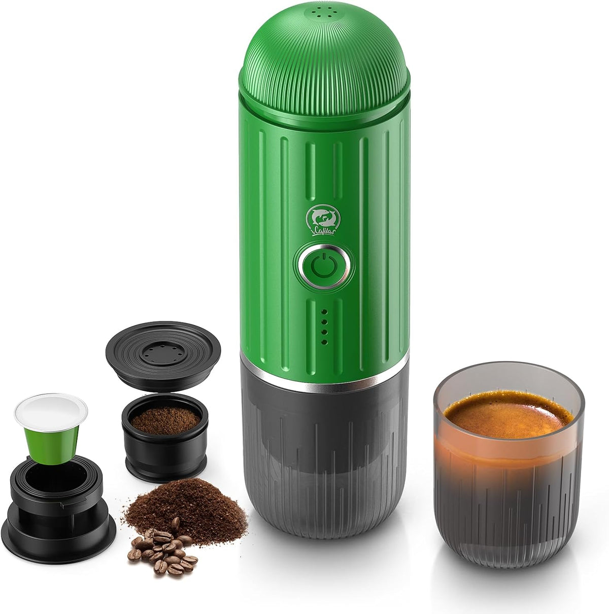 Rich Crema Portable Electric Espresso Coffee Maker, Fast self-heating 2 IN 1 Extraction System Espresso Machine, Support Ground Coffee and NS capsule, for Travel、Car、Hiking、Climbing（Green）