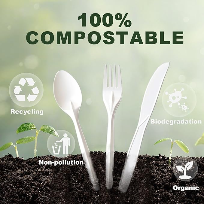 350pcs Compostable Cutlery Set Eco-friendly Heavy Duty Compostable Utensils Disposable silverwar No Plastic Biodegradable Utensils for party BBQ, Picnic Events,Daily Use