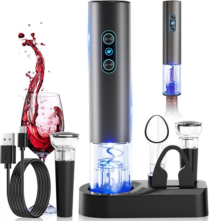 Electric Wine Opener, Rechargeable Cordless Wine Accessories, Stainless Steel Cordless Automatic Wine Bottle Corkscrew with Vacuum Stoppers, Foil Cutter for Home Party Wedding, Bars(Gray)