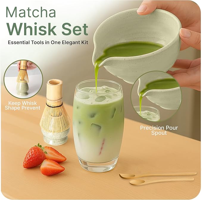 NEKOLA Matcha Whisk Set (7Pcs) Matcha Bowl, Bamboo Whisk, Whisk Holder, Spoon & Scoop, Sifter & Tea Towel Tea Making Ceremony Kit for Matcha Lovers Unique Gifts for Women,Men & Girlfriend