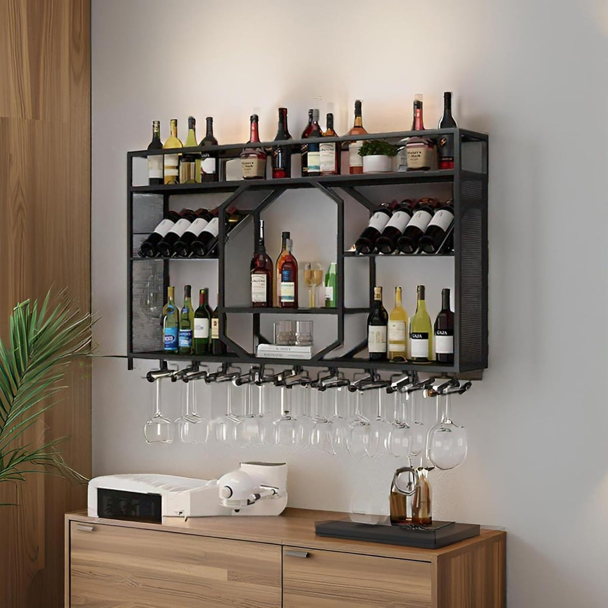 Wall Mounted Wine Rack, 3-Tiers Metal Bar Bottle Holder, Modern Wine Glass Storage Display Shelves, Wall Wine Rack for Kitchen Bar Dining Rooms Decoration ﻿ (Gold, 55.11in/140cm)