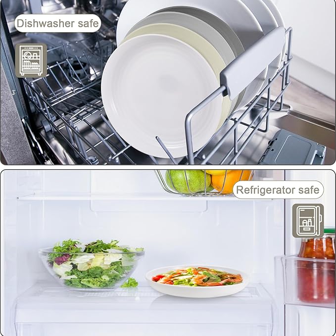 12 Pcs Unbreakable Deep Dessert Plates Set, 8 inch Reusable Plastic Wheat Straw Plates, Microwave and Dishwasher Safe Plate for Kitchen, Lightweight Plate for Dessert, BPA Free, Beige
