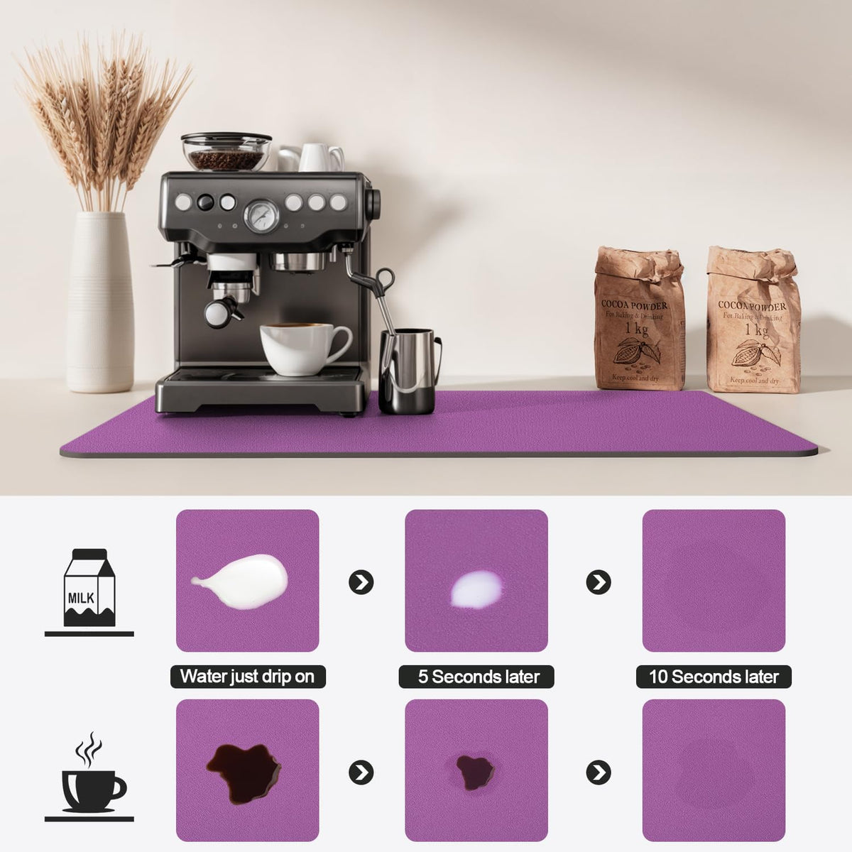 Dish Drying Mat for Kitchen Counter | Coffee Bar Mat for Countertops | Heat Resistant Drainer Mat with Non-slip Rubber Backed | Hide Stain Kitchen Absorbent Draining Mat | Purple 18"x28"