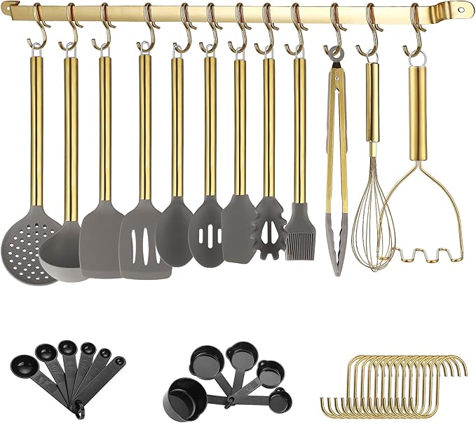 Gold Kitchen Utensils Set, Kyraton 38 Piece Silicone kitchen Cooking Utensils Set with Utensil Rack, Spoon Spatula Set, Non-Stick kitchen Gadgets, Dishwasher Safe