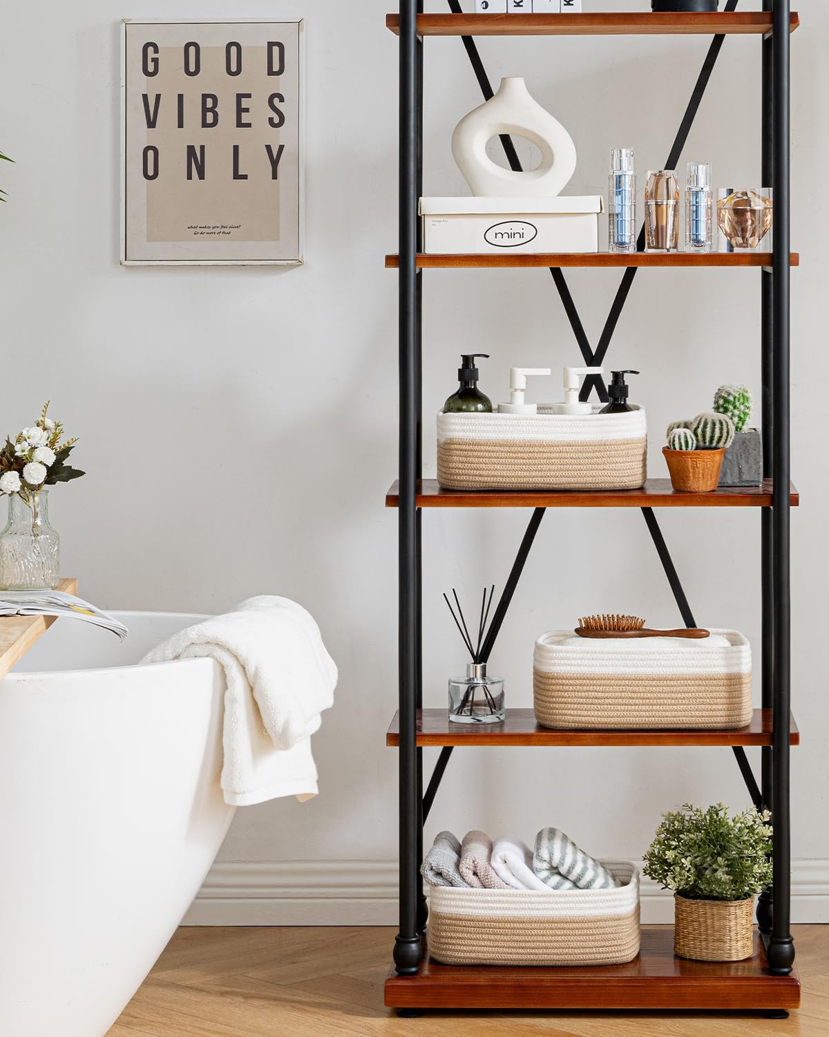 Small Woven Basket, 12 x 8 x 4.5 Inches, Storage Basket for Organizing, Cute Small Rope Shelf Closet Cube Storage Bins Baskets for Shelves, Dog Toy Gift Baskets Empty, 3 Pack White & Brown