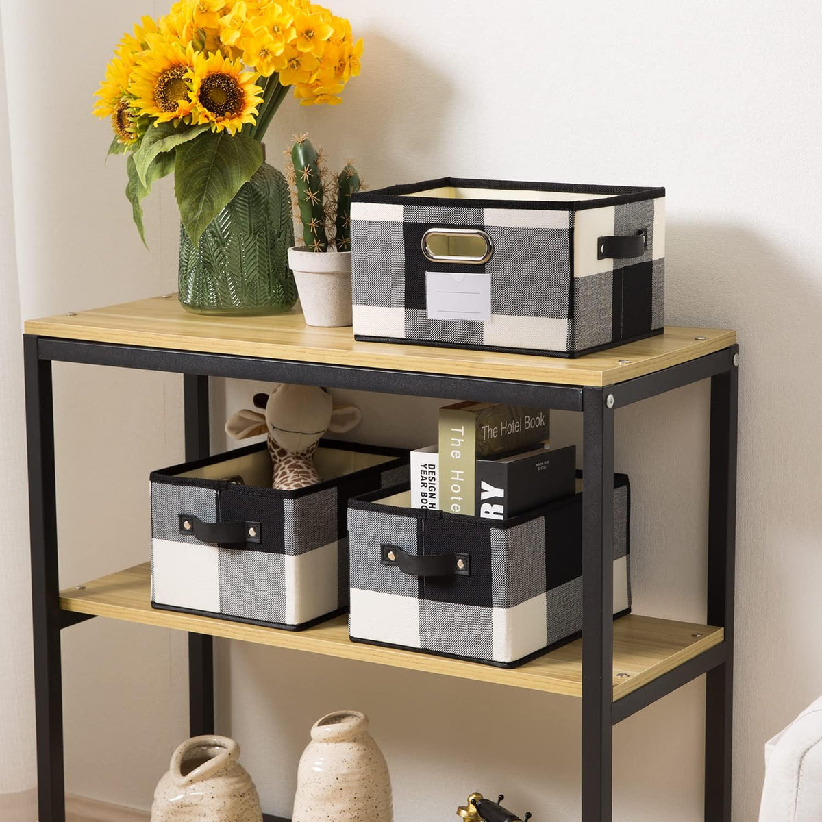 PRANDOM Fodable Storage Bins for Closet [3-Pack] Decorative Fabric Storage Baskets Cubes with Leather/Metal Handles for Shelves Bedroom Living Room Black and White Grid (11.5x8.5x6.7 Inch)