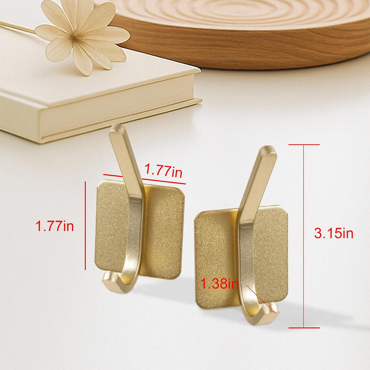 Aluminum Wall Hooks, No Drill Damage-Free Adhesive Hook, Product for Hanging Heavy Duty for Bathroom Kitchen Home (Double Square Gold Hook, 4)