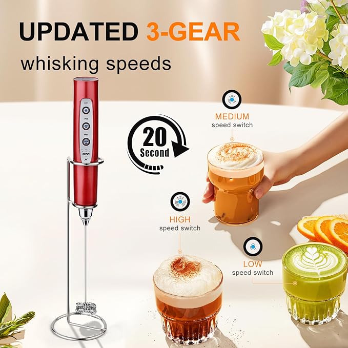 YUSWKO Red Rechargeable Milk Frother for Coffee with Stand, Handheld Drink Mixer with 3 Heads 3 Speeds Electric Stirrers for Latte, Cappuccino, Hot Chocolate, Egg