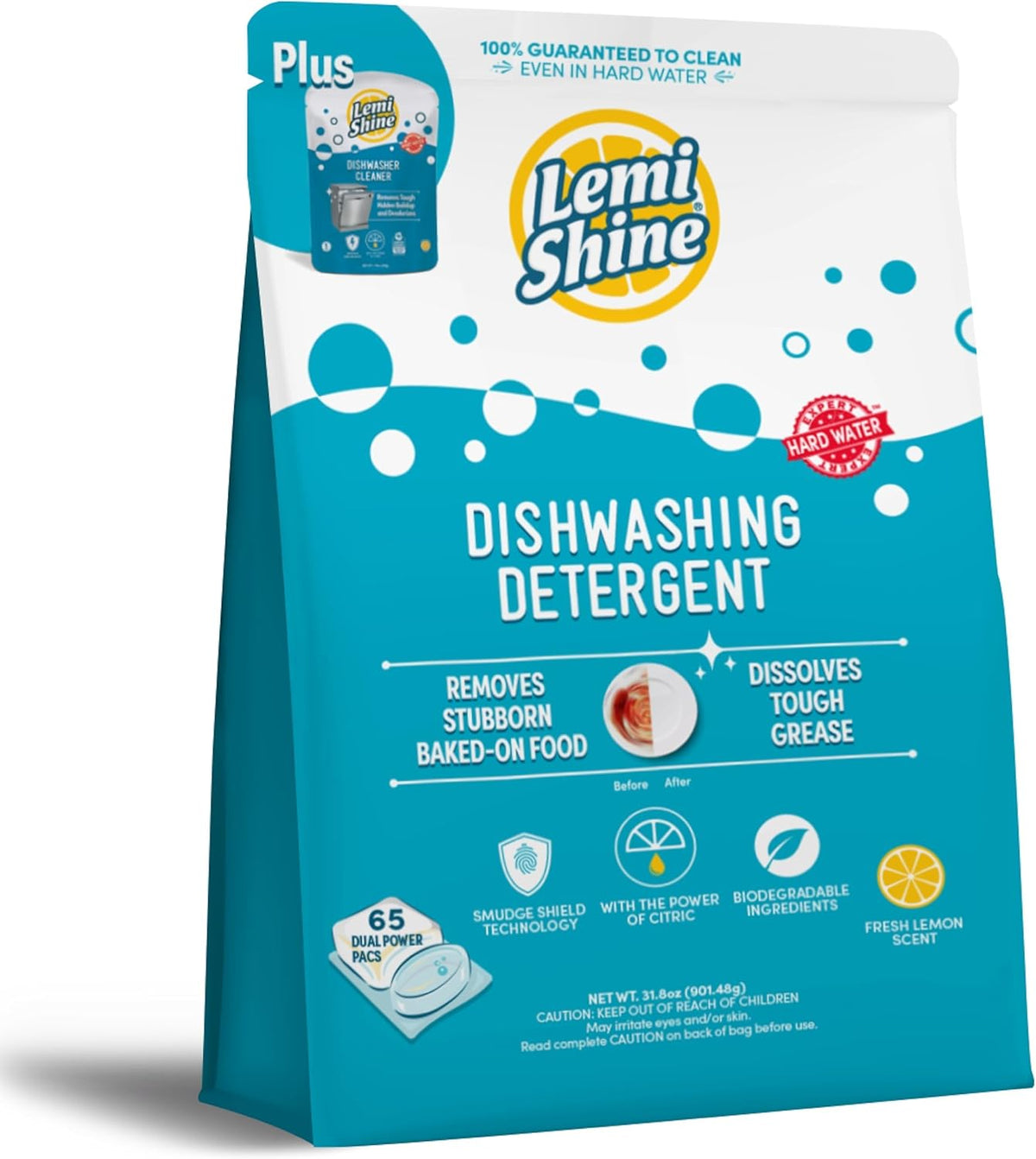 Lemi Shine Natural Dishwasher Detergent Pods + Dishwasher Cleaner 1 ct | All-In-One Powder & Gel Pods with Powerful Citric Acid | Eco Friendly Dish Wash Cleaning Supplies - 65 Count