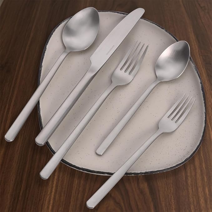 KINGSTONE Silverware Set, 20 Piece Flatware Cutlery Set for 4, 18/10 Stainless Steel Silverware Mirror Polished Dishwasher Safe for Home, Restaurant, Wedding, Party, Matte Silver