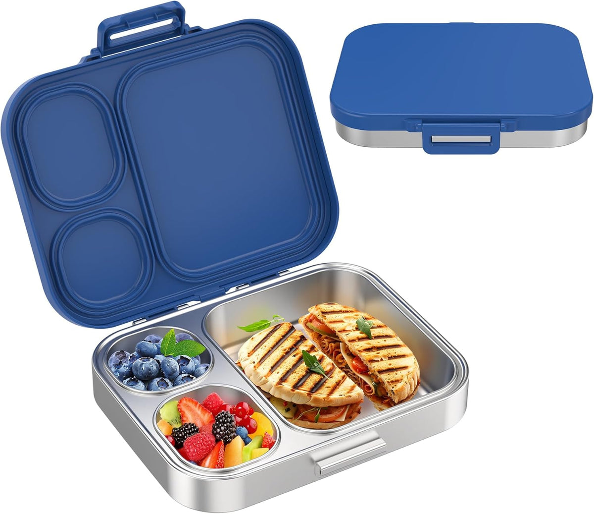 Stainless Steel Bento Lunch Box for Kids | 3-Compartment Lunch Box Container Kids | 100% Leakproof, Dishwasher-Safe, Eco-Friendly, Perfect Portion Control for Kids&Adult Healthy Meals (Blue)