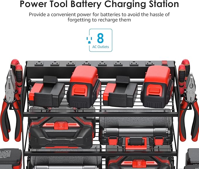 CCCEI Garage Tools Storage with Charging Station. Power Tool Battery Organizer Utility Shelf with Power Strip. 4 Drills Holder Wall Mount Rack, Black 4 Layer.
