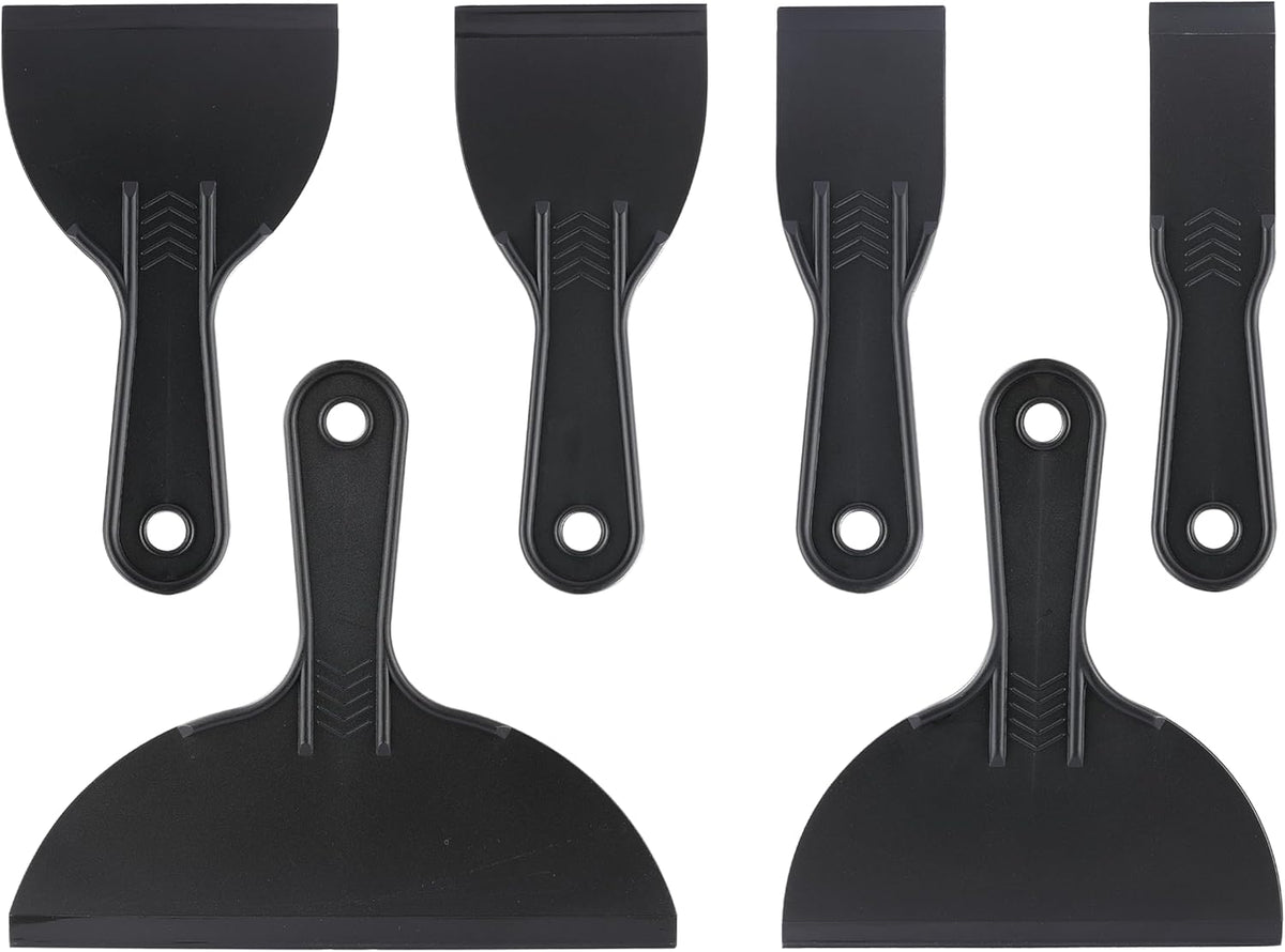 6 Pack Plastic Putty Knife, Durable Plastic Scraper Tool with No-Slip Grip for Spackle, Spreader, Non Scratch and Easy Cleaning Spackle Knife, Putty Knife Set, Black