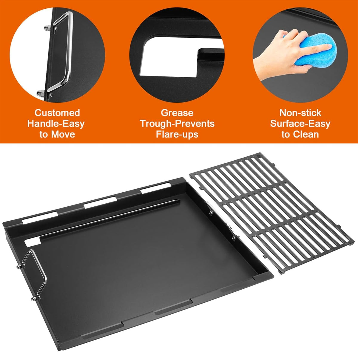 Upgrade Griddle Inserts and Grate for Weber Genesis II 400 Series Gas Grills, Flat Top Griddle with Handles for Genesis II E-410 S-410 E-435 S-435 E-440 S-440 LX E/S-440, Replace for Weber 6789
