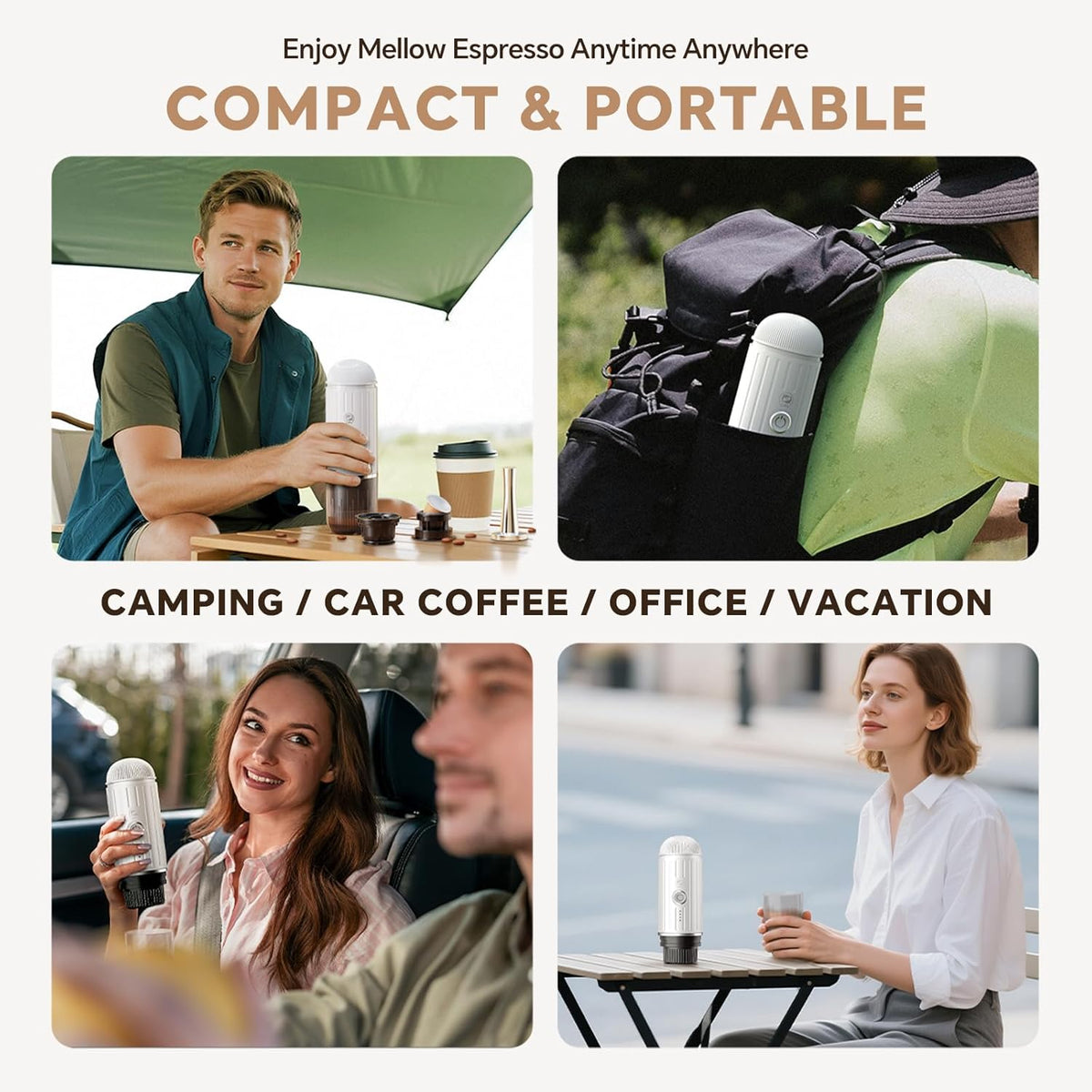 Rich Crema Portable Electric Espresso Coffee Maker, Fast self-heating 2 IN 1 Extraction System Espresso Machine, Support Ground Coffee and NS capsule, for Travel、Car、Hiking、Climbing（White）