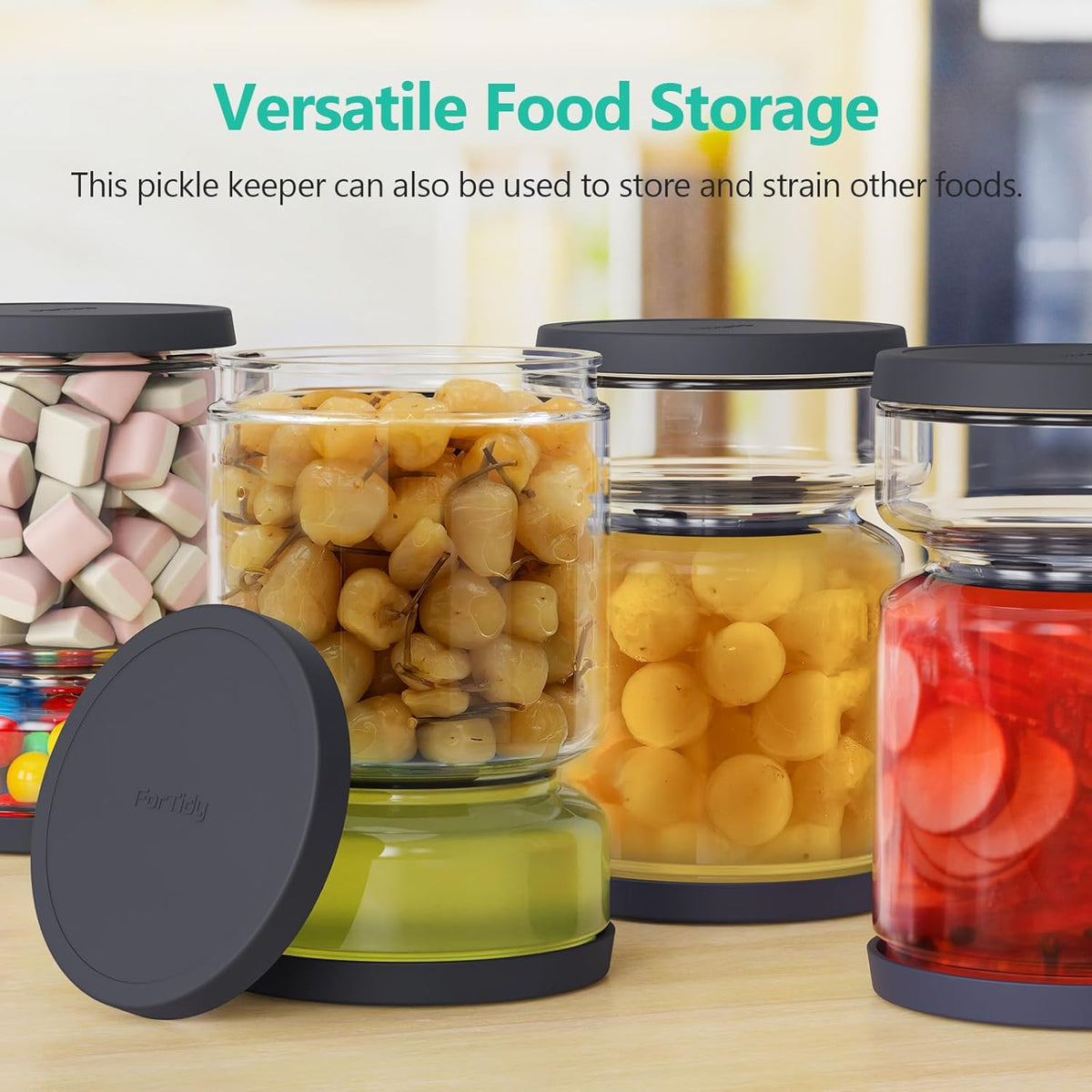 Airtight Glass Pickle and Olive Container - 50 OZ Jar with Strainer for Pickle Lover, Kitchen Organization Must-Have Versatile Food Keeper, BPA-Free, Dishwasher Safe (Midnight Blue)