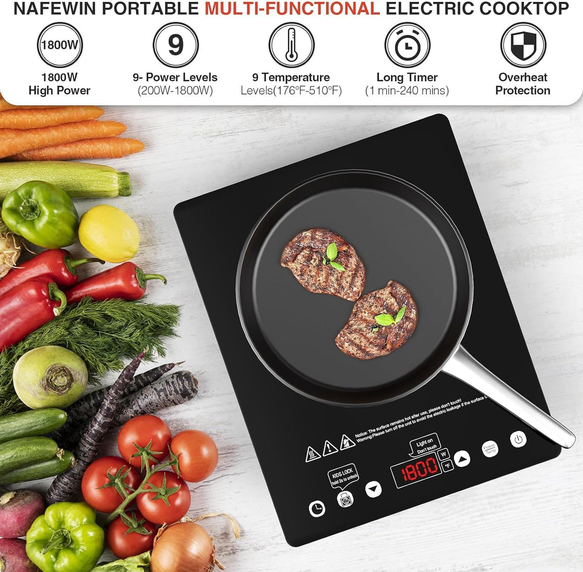 Single Burner Electric Cooktop, 1800W Electric Stove Top Portable, Infrared Hot Plate 110v Plug in Countertop, Child Safety Lock, Timer, 9 Power Level, Compatible for All Cookware, Induction Cookotp