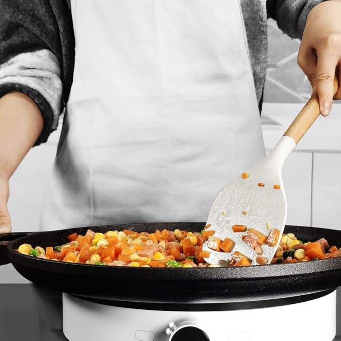 Silicone Cooking Utensils Set - 446°F Heat Resistant Silicone Kitchen Utensils for Cooking,Kitchen Utensil Spatula Set w Wooden Handles and Holder for Non-Stick Cookware, BPA FREE (Cream White)