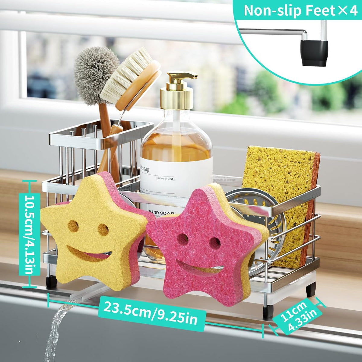 HapiRm Sink Caddy Sponge Holder - Self-draining Kitchen Sink Organizer with Smiley Face and Brush Holder, Stainless Steel Kitchen Sponge Caddy for Countertop - Silver