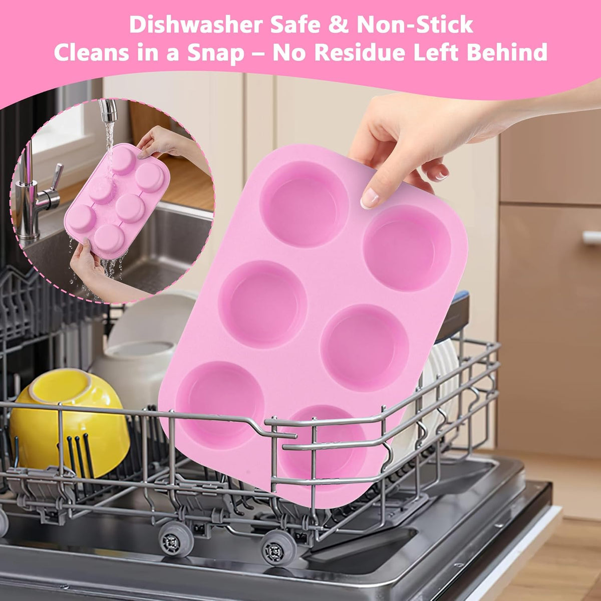 3-Pack 6-Cup Silicone Muffin Pans, Nonstick Cupcake Baking Molds, BPA/PFA-Free, Dishwasher & Oven Safe - Pink