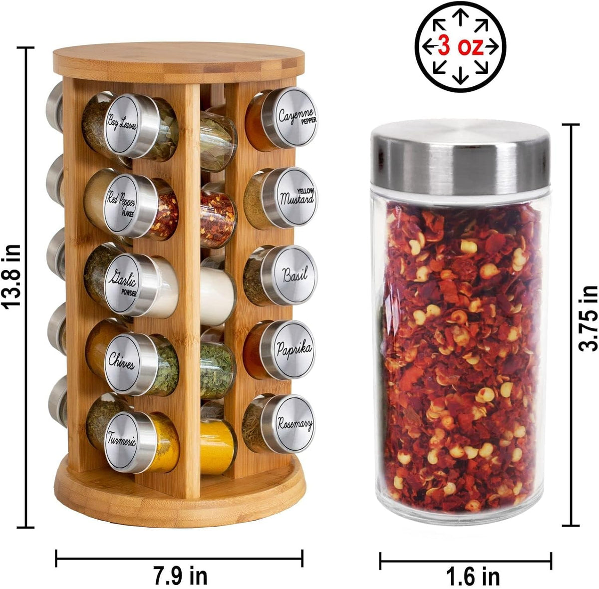 Orii 20 Jar Bamboo Spice Rack with Spices Included - Rotating Tower Organizer for Kitchen Spices and Seasonings, (Bamboo Wood)