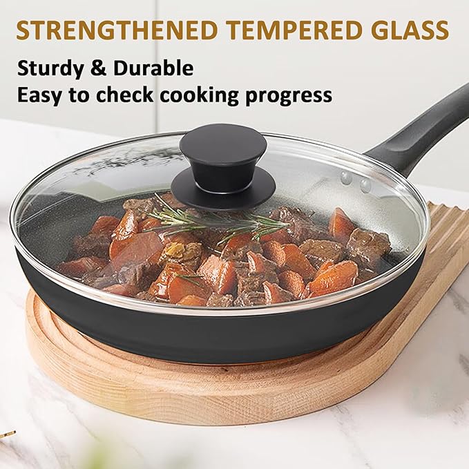 Glass Lid for 11 Inch Cast Iron Skillets Frying Pans, 28cm Tempered Lids for Dutch Ovens, 11In Pan Cover with Stainless Steel Rim for Stock Pots, Heat Resistant Handle, Dishwasher Safe