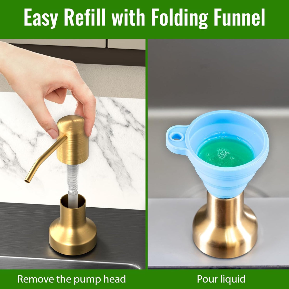 Soap Dispenser for Kitchen Sink, Kitchen Sink Soap Dispenser with 17 OZ Bottle, Refill from The Top Bar, Longer Threaded Shaft Shank, Wide Pump Head Base (Golden)