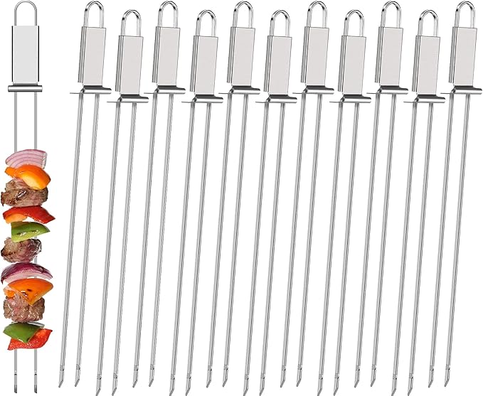 Lallisa Kabob Skewers - Metal BBQ Skewer Sticks with Push Bar for Meat, Chicken, Vegetable & Fruit (12 Pieces)