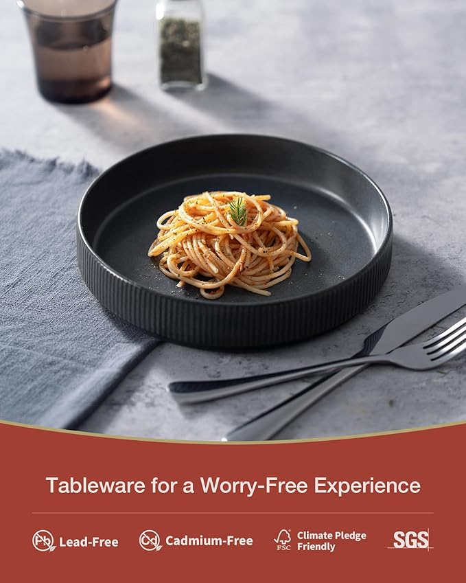 famiware Star 8.25" Pasta Bowls, Large Dinner Bowls Set of 4, Salad Bowl Plates, Shallow Bowls for Eating, Matte Dark Charcoal (Full Glaze)