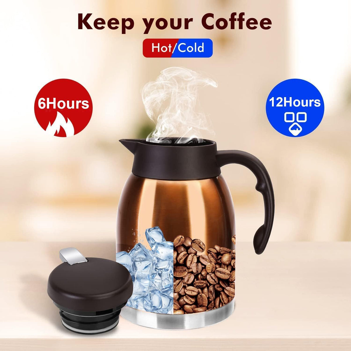 54oz Stainless Steel Thermal Coffee Carafe Dispenser, Double Wall Unbreakable Vacuum Flask 1.6L Water Tea Pot Pitcher for Cold Drinking in Summer