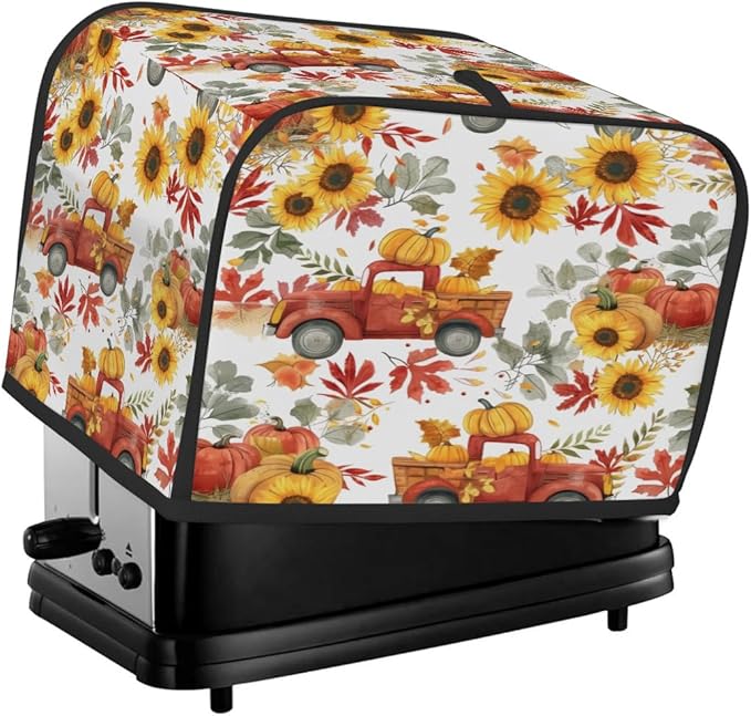 4 Slice Fall Toaster Cover,Thanksgiving Farm Truck Sunflower Small Kitchen Appliance Bread Machine Cover with Pockets,Dust & Fingerprint Protection