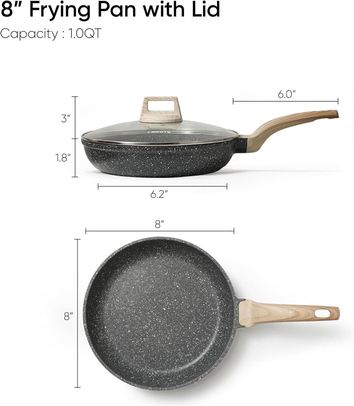 CAROTE Non Stick Frying Pan Skillet, 8" Nonstick Fry Pan with Glass Lid, Egg Pan Omelet Pans, Granite Cookware, PFOA Free (Classic Granite, 8-Inch)