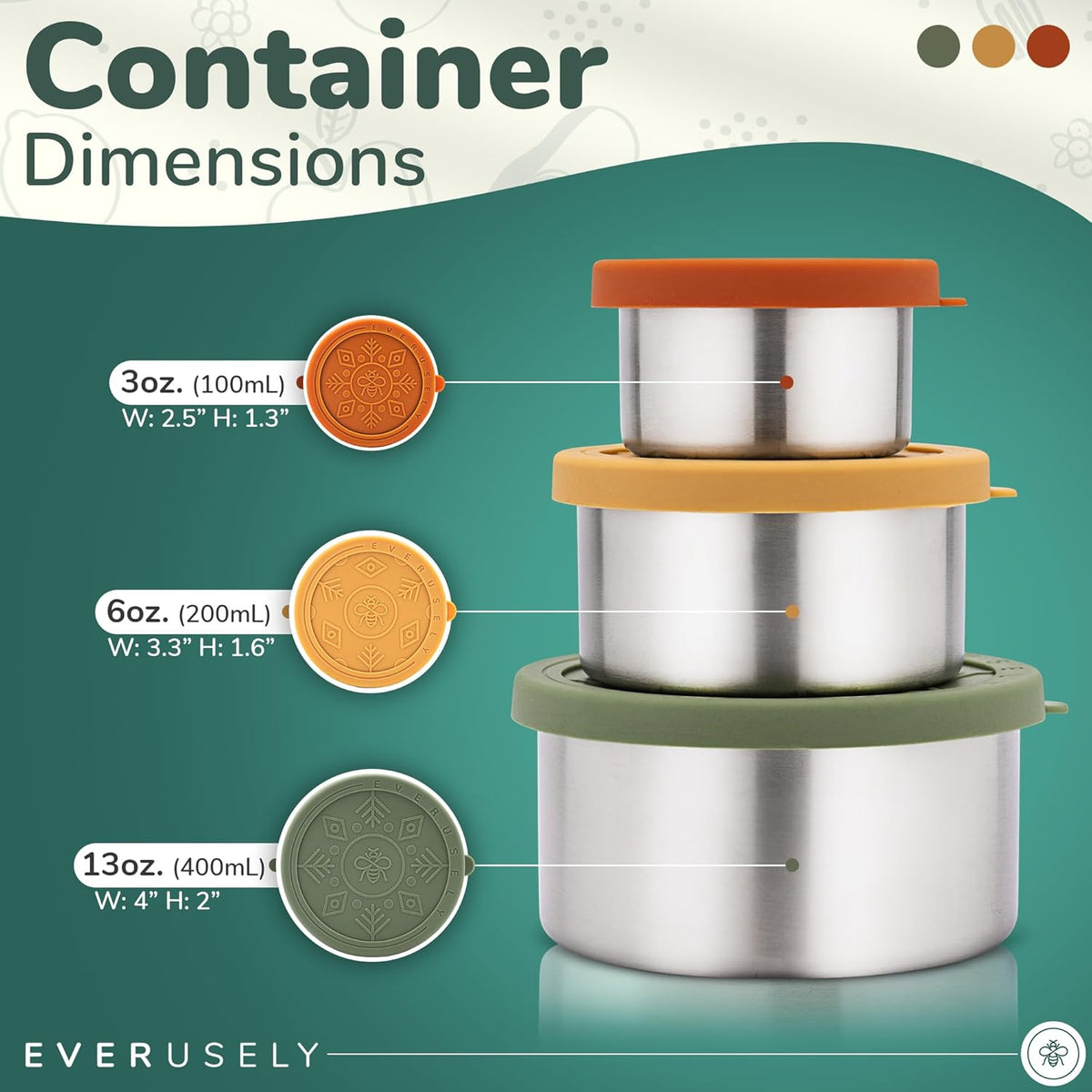 Everusely - Stainless Steel Food Containers - 3 Pack, Muted - Lunch Box - Snack Containers for Office, Home Food Storage - Leakproof with Silicone Lids - Dishwasher & Freezer Safe