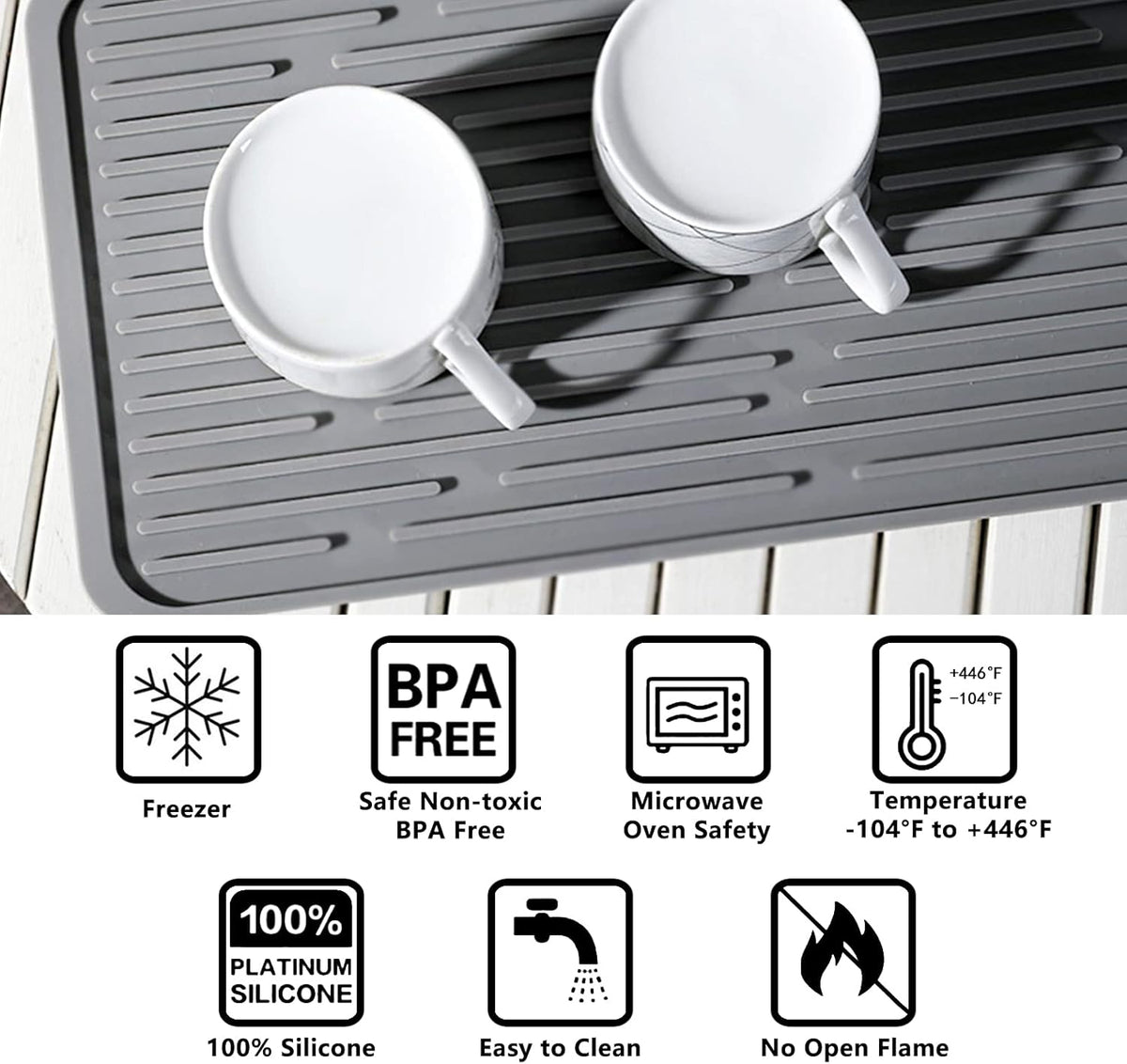 Dish Mat Silicone Dish Drying Mats Works For Drying Stemware Cocktail Glasses Silverware Pots Pans Knives and Dish Rack for Kitchen Counter Sink Bar Pads Easy to Clean (Gray)