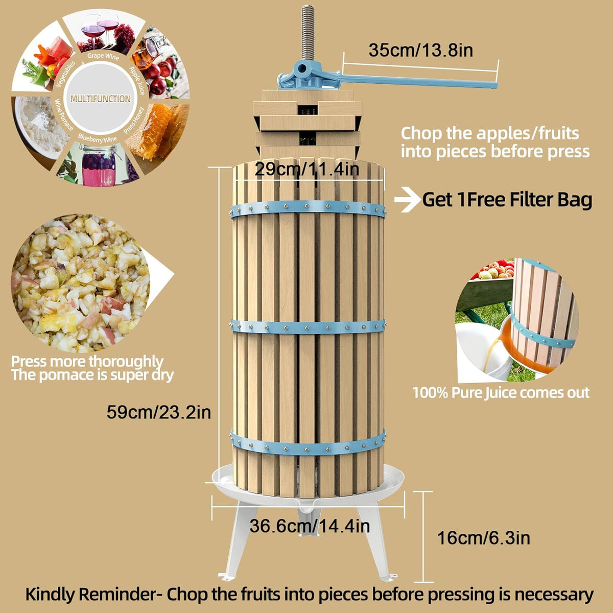 SQUEEZE master XL Fruit Apple Cider Wine Classic Press-Blue-7.9 Gallon/30L-Solid Wood Basket-Vintage traditional juicer-Pole Handle Bar for Juice,Wine,Cider-1 free filter bag included