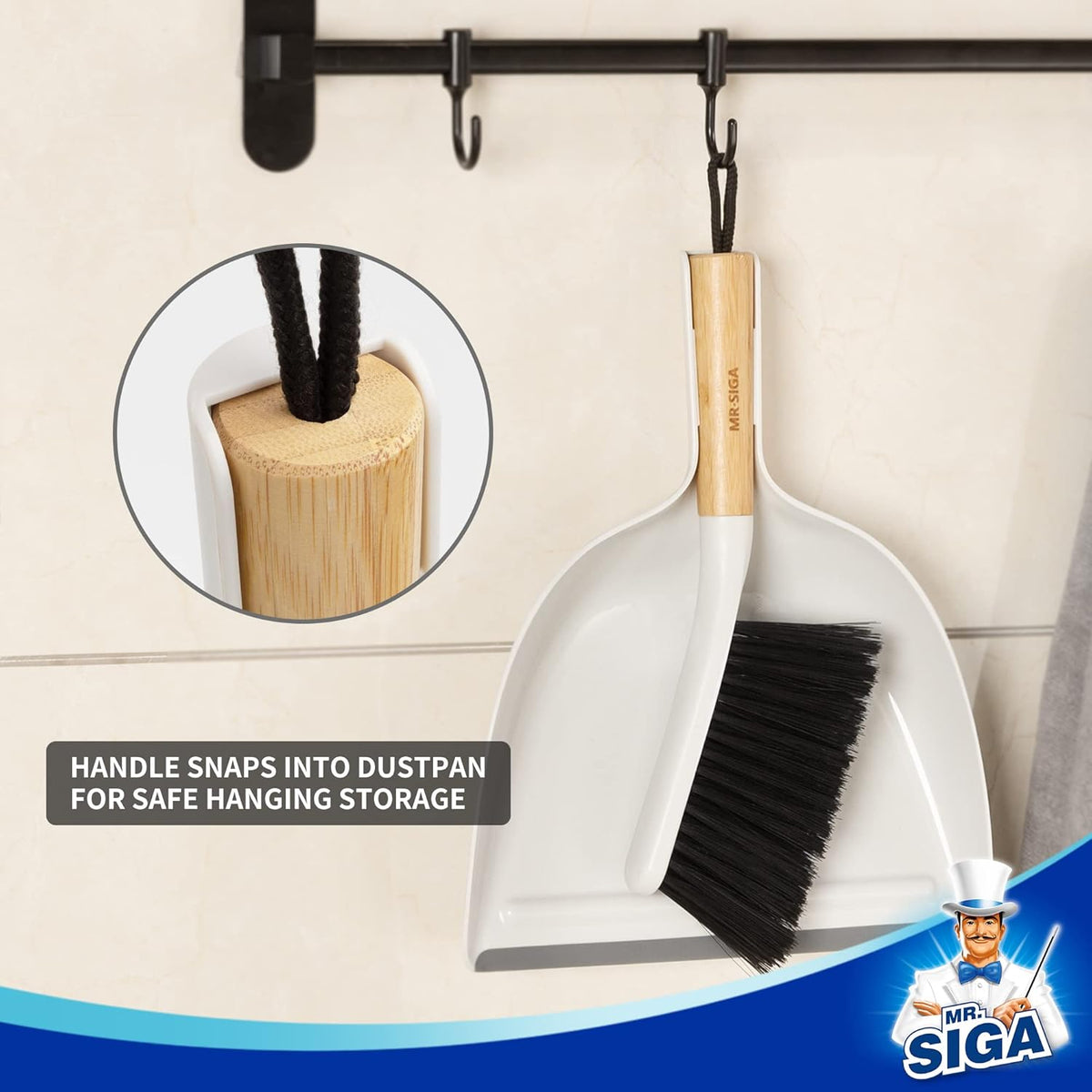 MR.SIGA Dustpan and Brush Set, Portable Cleaning Brush and Dustpan Combo with Bamboo Handle, White, 1 Set