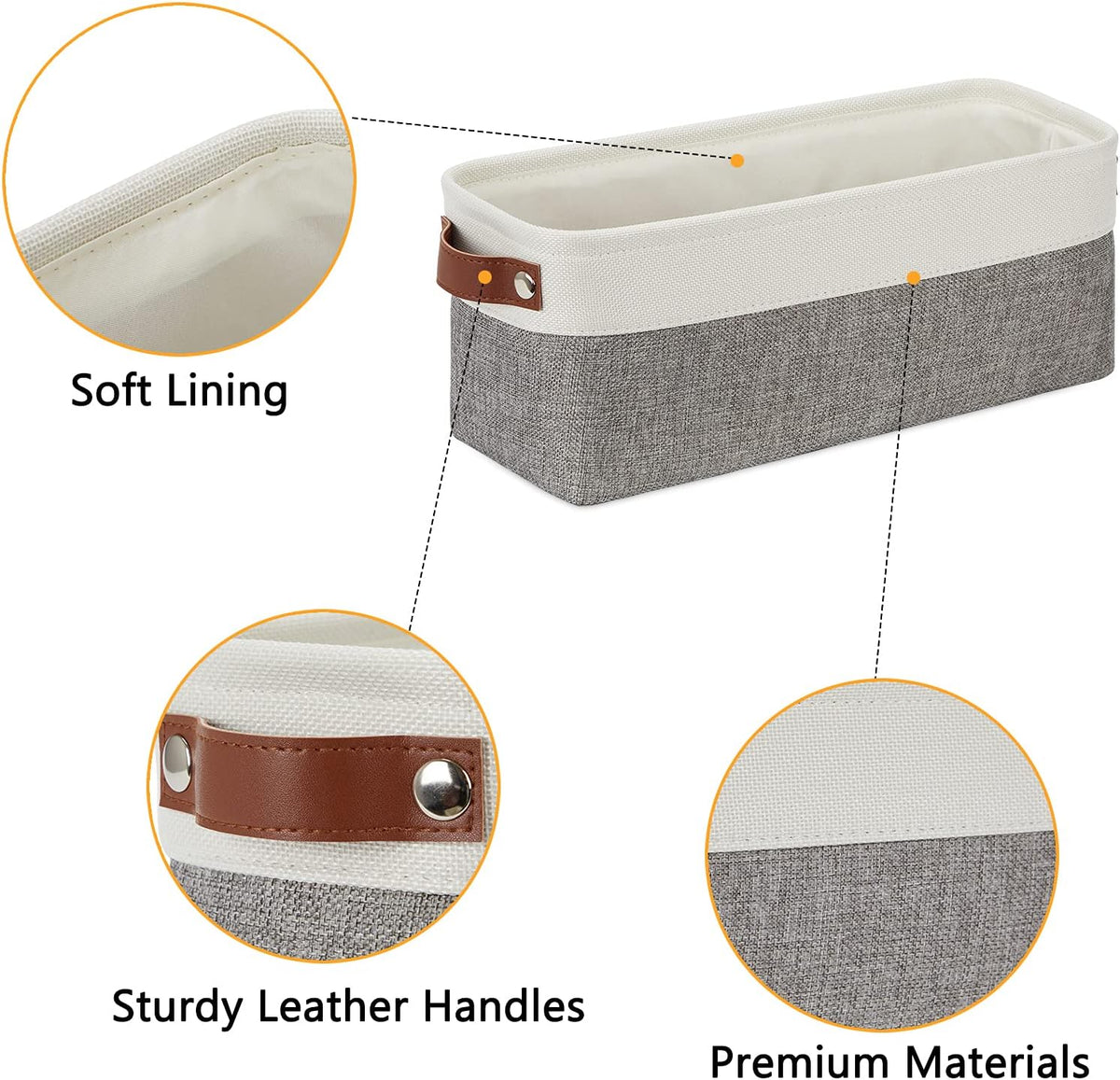 DULLEMELO Small Storage Baskets 15"x6"x5.5", Fabric Storage Bins for Toilet Tank Top [2 Pack], Back of The Toilet Basket (White&Grey)