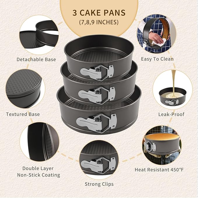 122PCs Cake Pan Sets for Baking, 7/8/9 Inch Round Cake Pans, Nonstick Springform Cake Pans, Cheesecake Baking Pans with 100 Pcs Piping Bags, 16 Pcs Nozzles, 3 Pcs Scrappers