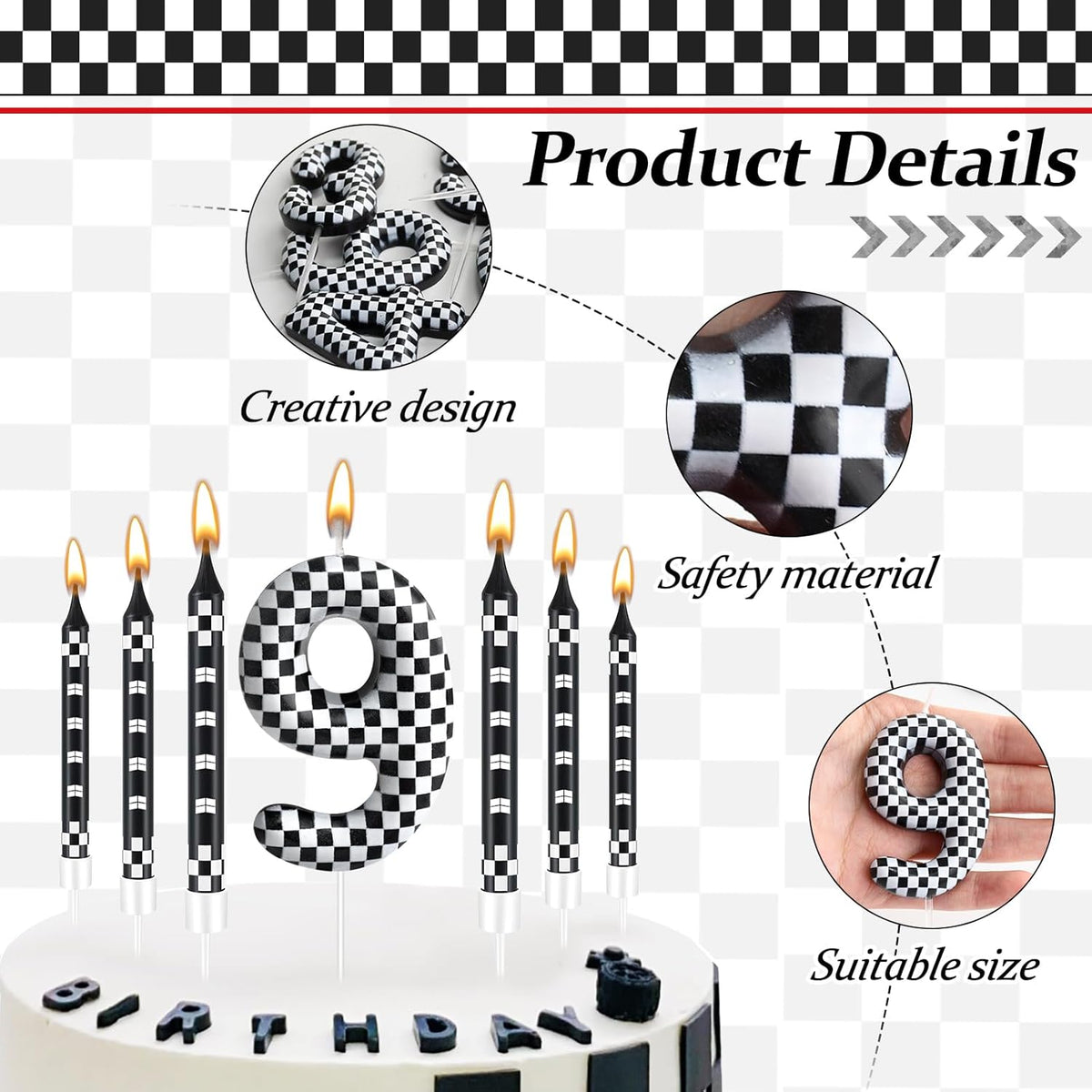 13 Pcs Racing Cars Themed Birthday Candles Black and White Race Number 9 Checkered Candle Cake Topper for Racing Car Party Decoration Supplies (Number 9)