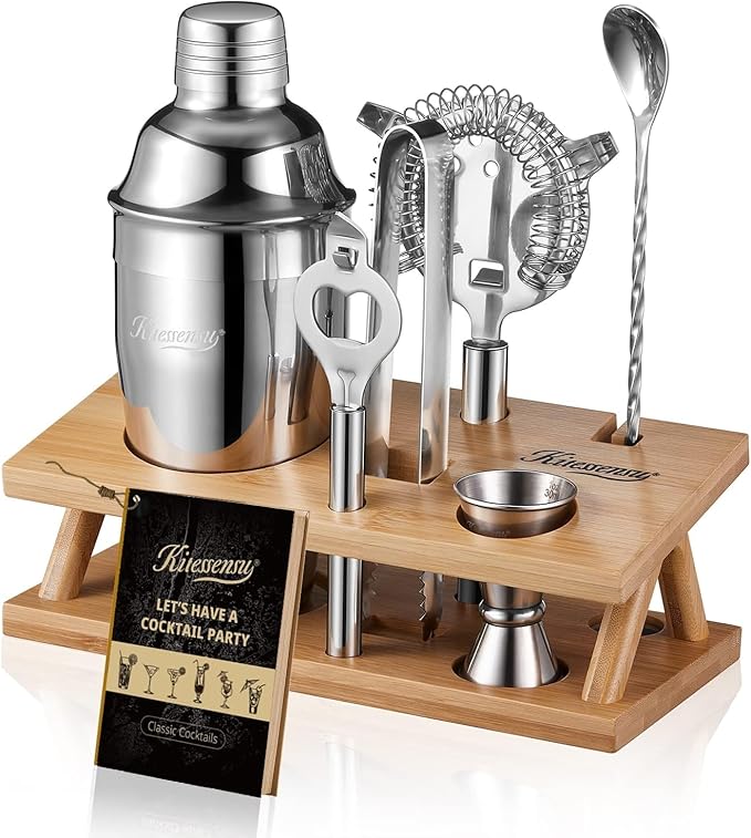 KITESSENSU Cocktail Shaker Set Bartender Kit, 6-Piece Silver Bar Set with Stand, Bar kit with Essential Bar Accessory Tools: Martini Shaker, Jigger, Strainer, Bar Spoon, Tongs, Opener