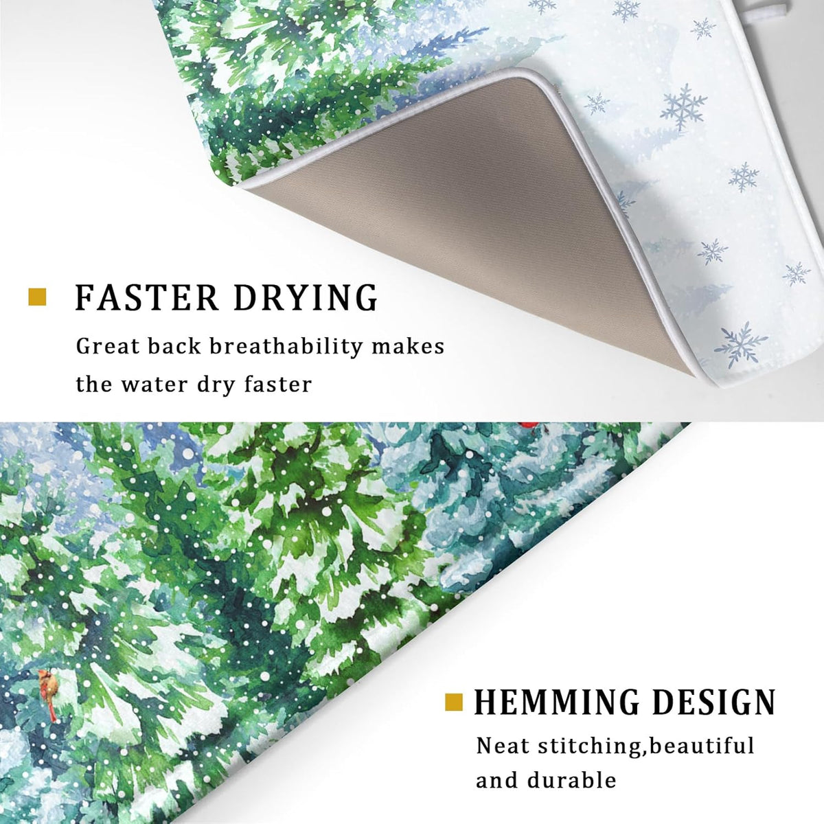 Winter Forest Dish Drying Mats - Snowflake Birds Dish Drainer Mat 18x24 Welcome Christmas Dish Draining Mat Watercolor Wildlife Tree Drying Pad for Kitchen Counter Sink