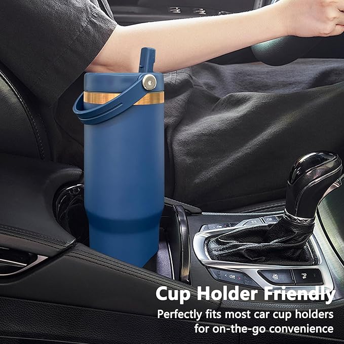 30 oz Tumbler with Handle and Straw, Vacuum Insulated Tumblers with Flip Straw and Top Handle, Leakproof Powder Coated Tumbler, Stainless Steel Travel Mug for Coffee Water (Navy, 1 Pack)
