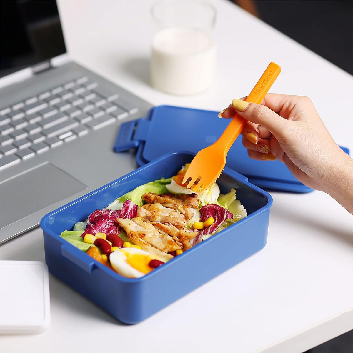 linoroso Stackable Bento Box Adult Lunch Box | Meet All You On-the-Go Needs for Food, Salad and Snack Box, Premium Bento Lunch Box for Adults Include Utensil Set, Dressing Containers - Classic Blue