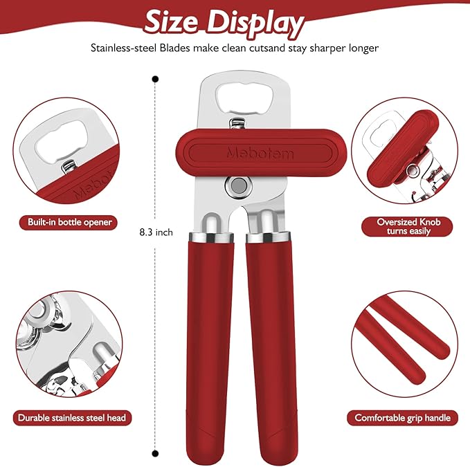 10 Colors, Manual Handheld Heavy Duty Hand can Opener Smooth Edge Stainless Steel, Top Lid Kitchen Gadgets, Best Large Rated Easy Turn Knob, with Bottle Opener, Red