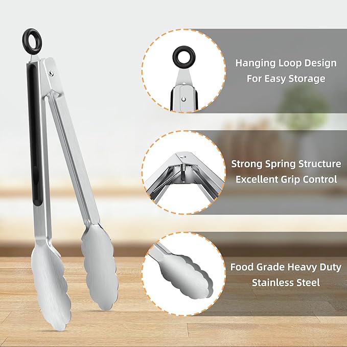 NileHome Tongs for Cooking, Professional Stainless Steel Cooking Tongs – Heat-Resistant for Grilling, BBQ, Serving Salad, Pasta, and Kitchen Use, Dishwasher Safe, Set of 7" 9" 12", Silver